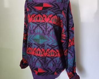 Klasyczny sweter w stylu dziadka z lat 90. w abstrakcyjny, funkowy wzór Jades, luźny dzianinowy, rozmiar L / Robert Bruce