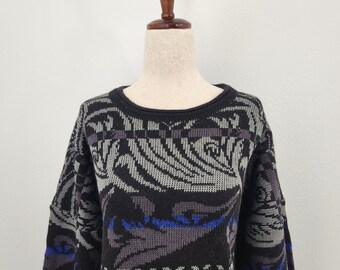 Vintage 90s Retro Ornate Jazzy Abstract Patterned Oversized Boyfriend Sweater