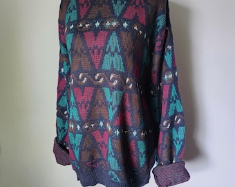 Vintage 90's Abstract Pattern A.J. Michael multicoloured knit sweater Size L / 100% Cotton