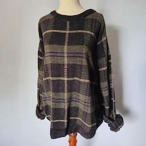 Pull grand-père à motifs écossais violet foncé Academia vintage des années 1990, XL