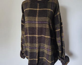 Suéter estilo "abuelo" vintage de los años 90, estilo "Dark Academia", estampado a cuadros morados y verdes, talla XL.