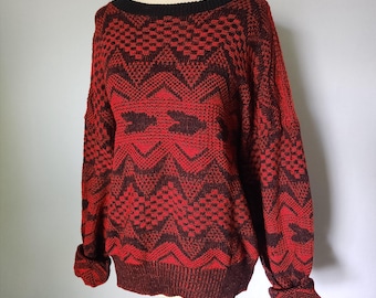 Vintage 90's Red & Black Abstract Pattern Grandpa knit sweater Size M