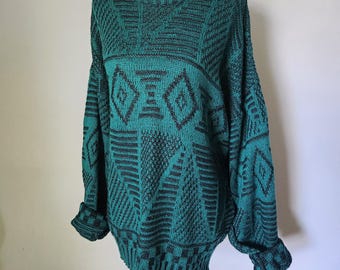 Vintage 90s Jade Green Aztec Pattern  Grandpa Sweater Slouchy Knit, Size L / Saturdays
