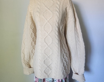 Jersey de punto grueso estilo Cottagecore Aran de los 90, ideal para primavera, con nudo celta y tejido a mano extragrande. 100% lana de cordero.