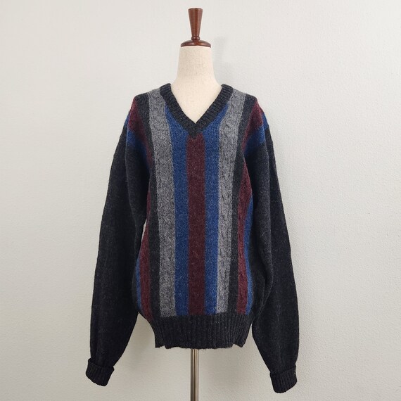 Vintage 80s Woolrich Striped Vneck Indie Grandpa Sweater / Made in 