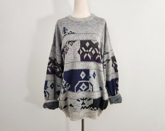 Vintage 1990s Abstract Grunge Patterned Oversized Indie Grandpa Sweater