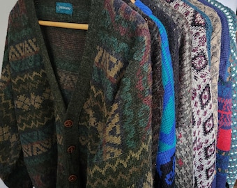 Mystery Vintage Cardigan / Dark Grunge 90's / Retro Grandpa Patterned Oversized Knit / Cozy Autumn Gift