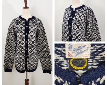 Vintage William Schmidt Oslo Norway Viking Traditional Nordic FairIsle Navy/White Patterned Woolen Cardigan