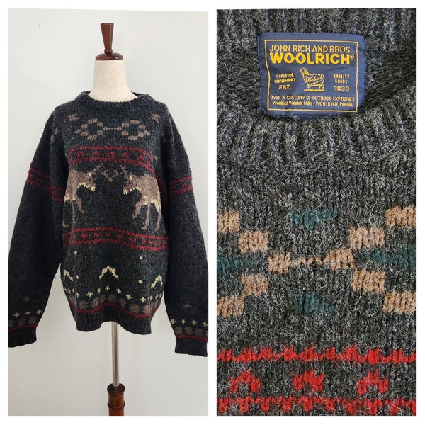 Vintage Woolrich Deer/Stag Cabincore Alpine Charcoal Grey Wool Patterned Cozy Sweater