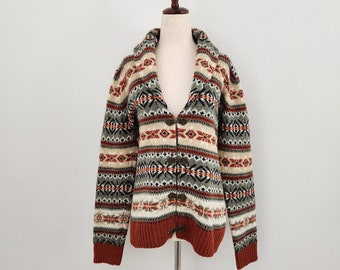 Fairisle Nordic Wool Patterned Telluride Clothing Co. Cardigan Sweater / Ornate Metal Clasp Fastening