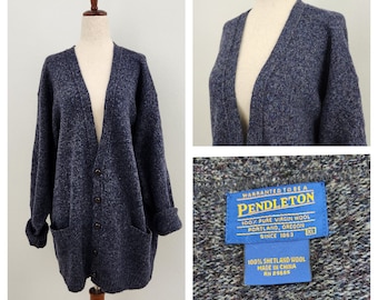 Vintage Grunge Blue Pendleton 100% Pure Virgin Woollen Oversized Cozy Grandpa Cardigan / Brown Chunky Buttons