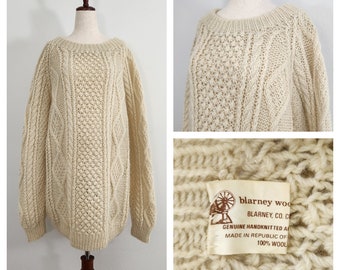 Vintage 80s Blarney Woollen Mills Handknitted 100% Pure New Wool Chunky Cream Cottagecore Aran Oversized COZY Sweater