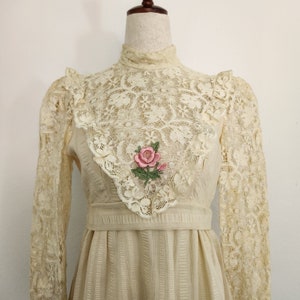 Vintage Edwardian Style Lace Prairie Dress: Cream Floral, Pink Rose Embroidery, XS