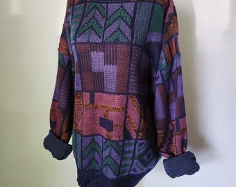 Vintage 90s Funky Jazzy Jades Pattern Grandpa Sweater Slouchy Knit, Size L / City Streets