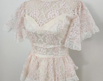 Vintage 80's Romantic Pastel Pink Floral Lace / Cream Silky Glitzy Tea Dress