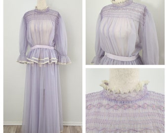 Vintage Romantic Edwardian Style Stunning Pastel Lilac Sheer Ethereal Long Tea Dress/Back Button fastening