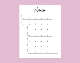 Op de afbeelding: Een zwart-witte printbare kalender voor de maand maart. De kalender heeft een eenvoudig ontwerp met de dagen van de week aan de linkerkant en de nummers voor elke dag van de maand in het raster.