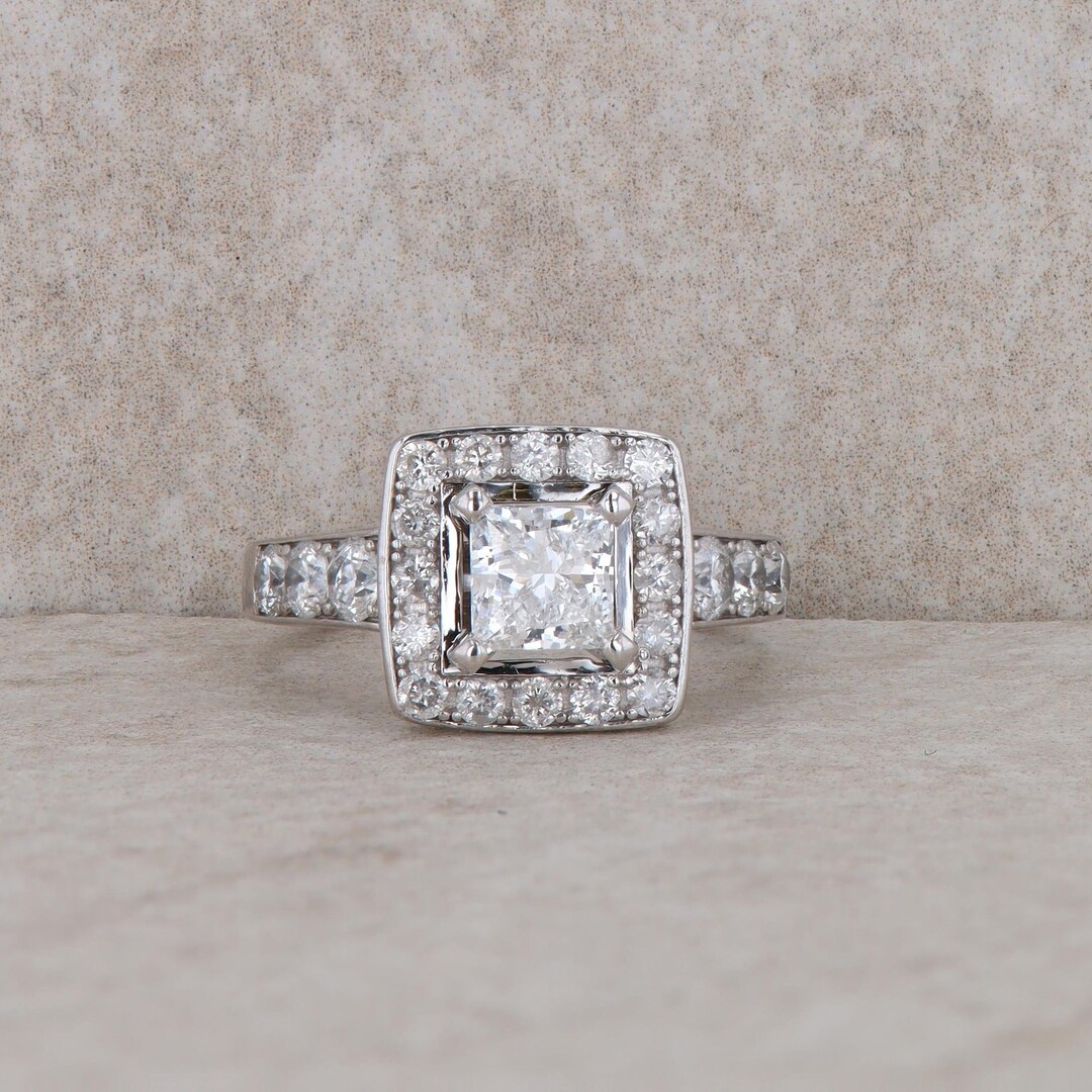 14k White Gold Princess Cut Diamond Halo Engagement Ring - Etsy