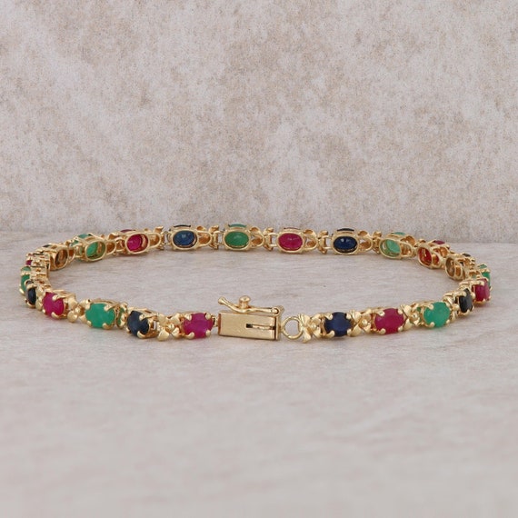 14k Yellow Gold Ruby, Sapphire and Emerald Bracel… - image 2