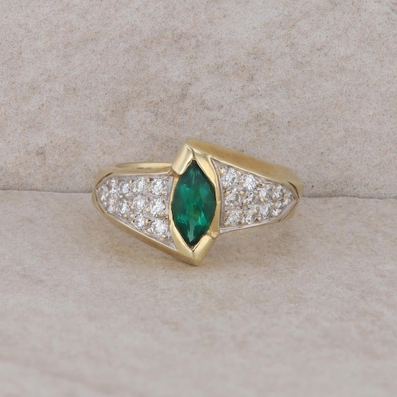 14k Yellow Gold Marquise Lab Grown Emerald and Dia