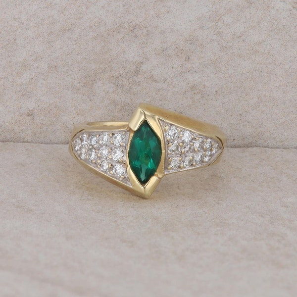 14k Yellow Gold Marquise Lab Grown Emerald and Diamond Ring