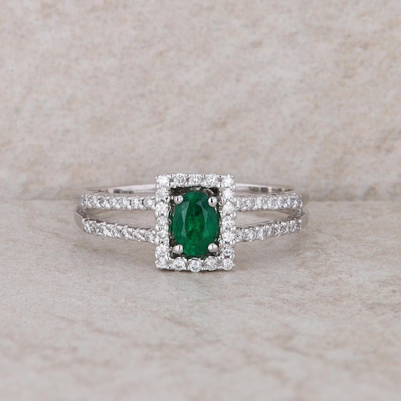 14k White Gold Emerald and Halo Diamond Ring - image 1