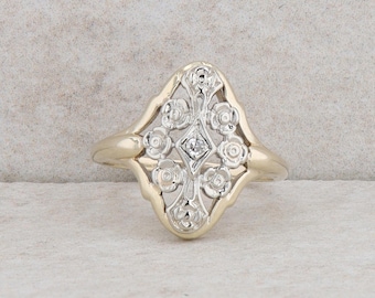 14k Yellow Gold and White Gold Filigree Diamond Ring