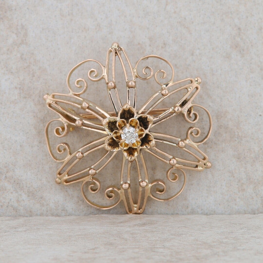 14k Yellow Gold Wire Filigree Style Diamond Brooch - Etsy