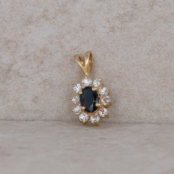 14k Yellow Gold Sapphire and Diamond Halo Pendant - image 1