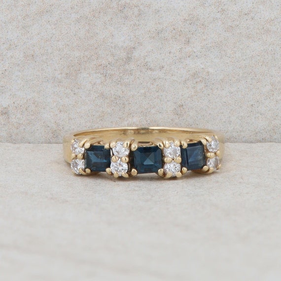 14k Yellow Gold Princess Cut Sapphires and Round D