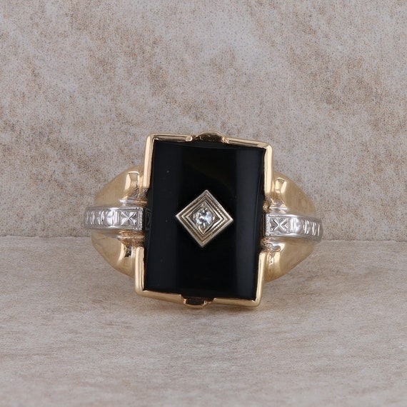 10k Two Tone Onyx and Diamond Ring - image 1