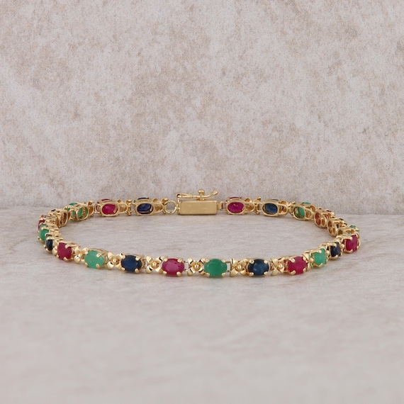 14k Yellow Gold Ruby, Sapphire and Emerald Bracel… - image 1