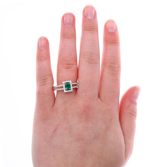 14k White Gold Emerald and Halo Diamond Ring - image 5