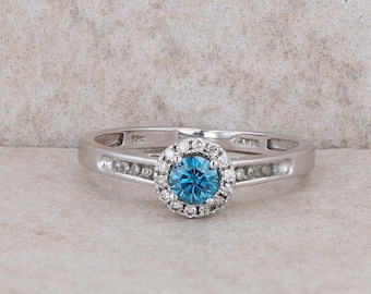 10k White Gold Color Enhanced Blue Diamond and Diamond Halo Ring