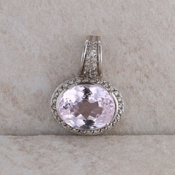 14k White Gold Kunzite and Diamond Oval Pendant - image 1