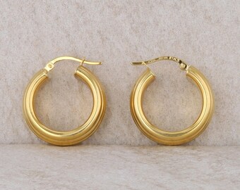 18k Yellow Ridged Textured Hoop Earrings