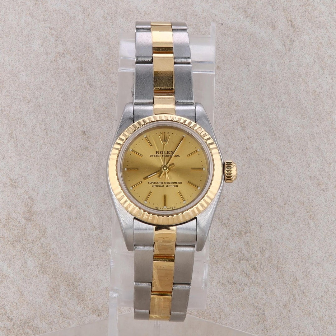 18k and Stainless Rolex Oyster Perpetual Ladies Oyster Band Champagne Dial 2001 Etsy