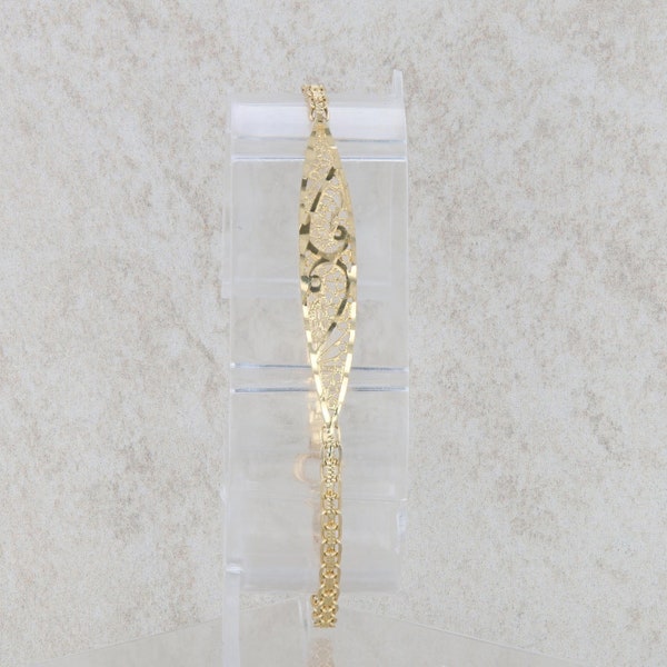 14k Yellow Gold Link With Filigree Swirl Tag Bracelet 6.5" 2.77g