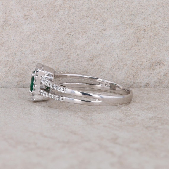 14k White Gold Emerald and Halo Diamond Ring - image 2
