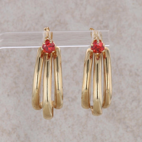 14k Yellow Gold J Hoop Jackets With 14k Red Cubic Zirconia Stud Earrings