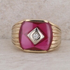 10k Yellow Gold  Buff Top Synthetic Ruby & Diamond Textured Men's Ring