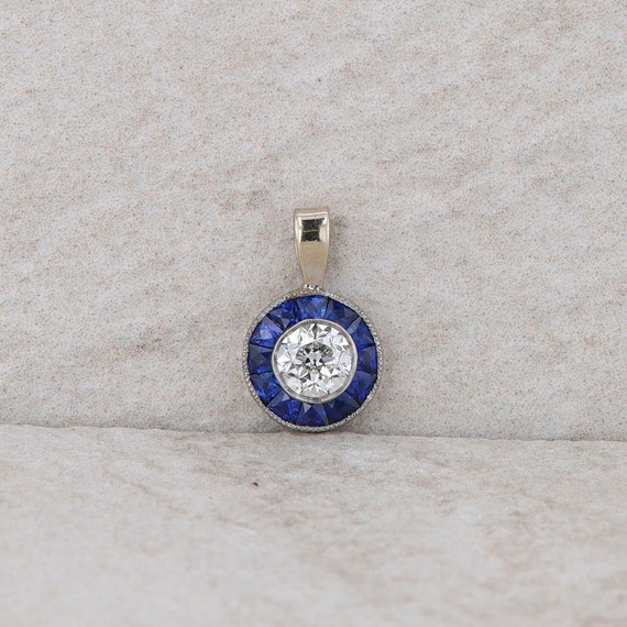 14k White Gold Diamond and Sapphire Halo Pendant - image 1