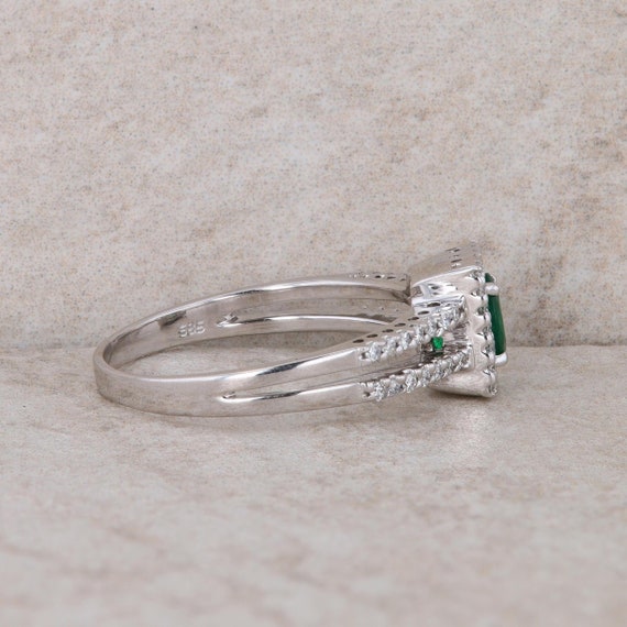 14k White Gold Emerald and Halo Diamond Ring - image 4