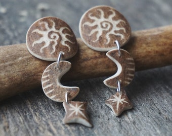 Sun, Moon & Star -Reindeer Antler Earrings