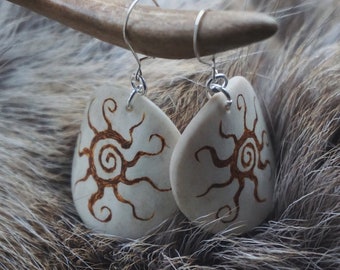 White Big Reindeer Antler Earrings with Sun Symbol