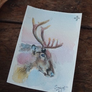 PORO - postal original de acuarela // postal navideña invernal, arte de renos de Laponia, arte finlandés