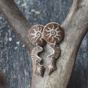 Handmade Earrings made of Reindeer Antler & Sterling Silver with Engraved Sun, Moon & Star.