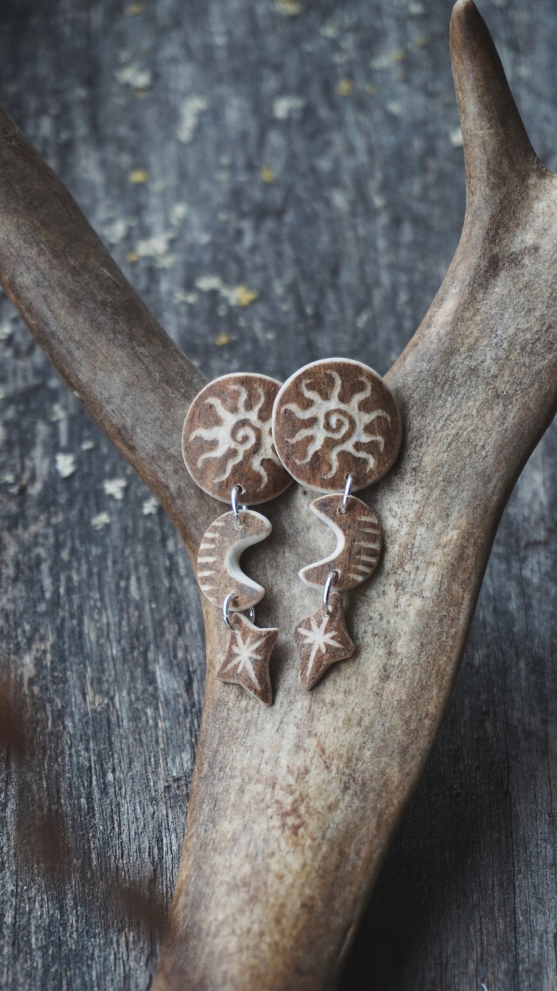 Handmade Earrings made of Reindeer Antler & Sterling Silver with Engraved Sun, Moon & Star.