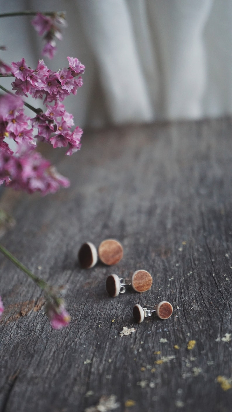 Small Handmade Stud Earrings made of Reindeer Antler & Sterling Silver.