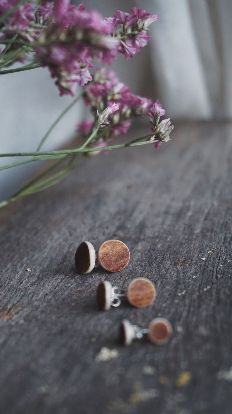 Small Handmade Stud Earrings made of Reindeer Antler & Sterling Silver.